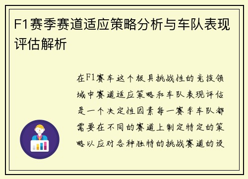 F1赛季赛道适应策略分析与车队表现评估解析 F1赛季赛道适应策略分析与车队表现评估解析