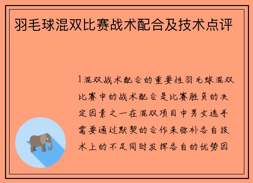 羽毛球混双比赛战术配合及技术点评